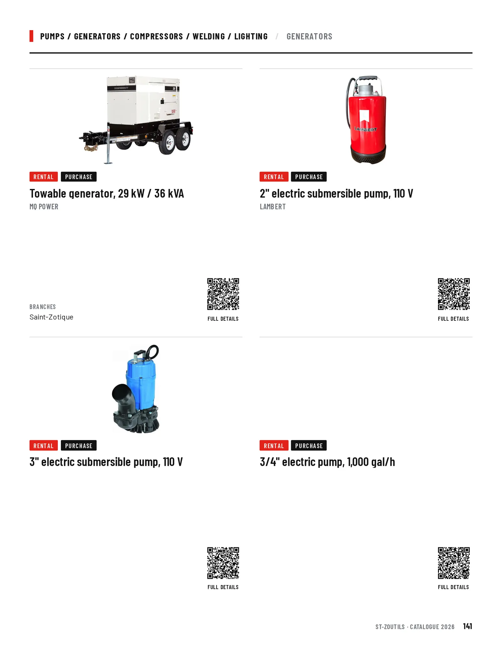 Pumps / Generators / Compressors / Welding / Lighting: 4 tools